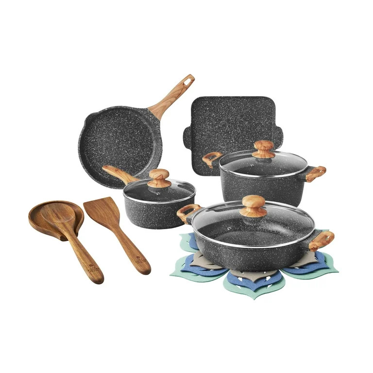 The Pioneer Woman Prairie Signature 14-Piece Cast Aluminum Cookware Set, Charcoal Speckle | Walmart (US)
