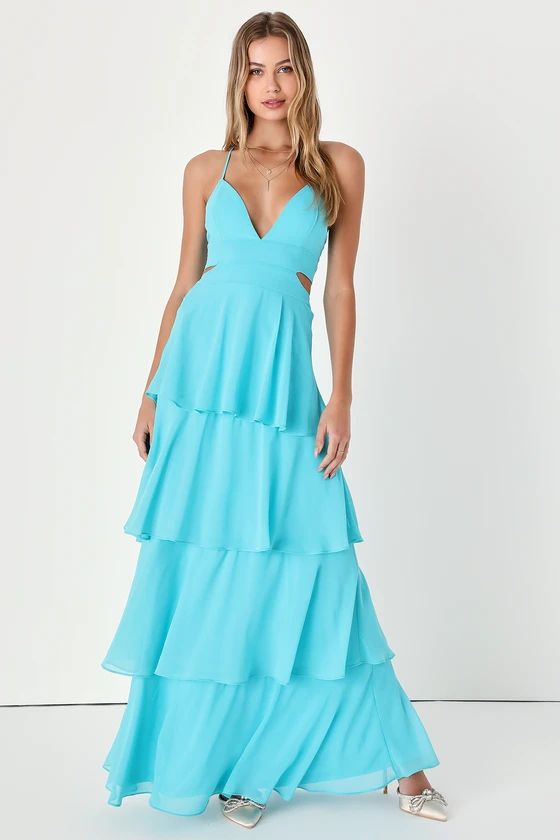 Tier and Now Blue Tie-Back Tiered Maxi Dress | Lulus