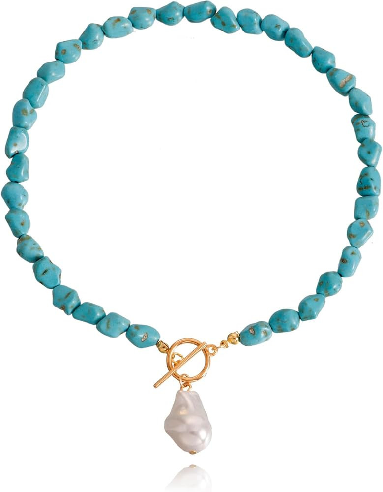 Irregular Pearl Pendant OT Turquoise Necklace,Retro Pearl Small Colorful Stone Chain Choker,Aesth... | Amazon (US)