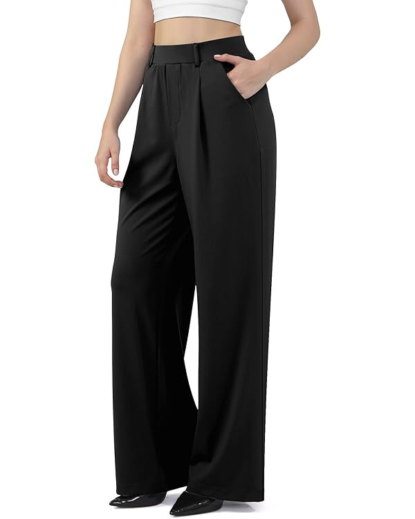 Wide Leg Work Pants for Woman Stretchy Office Slack Pants Pull On Business Trousers with Pockets | Amazon (US)