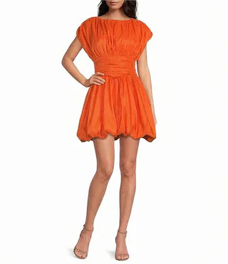Avery Mock Neck Cap Sleeve Ruched Bubble Hem Satin Mini Dress | Dillard's