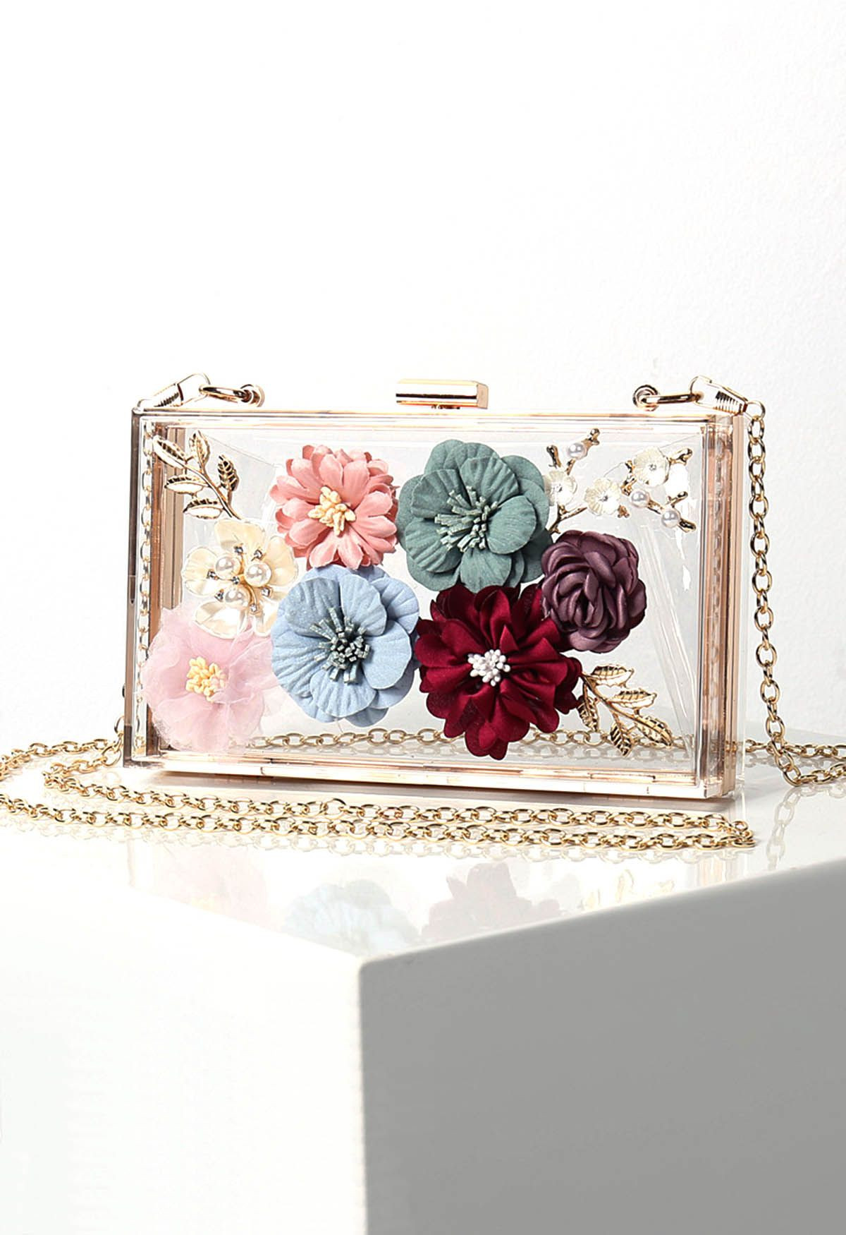 Dainty 3D Floral Translucent Clutch in White | Chicwish