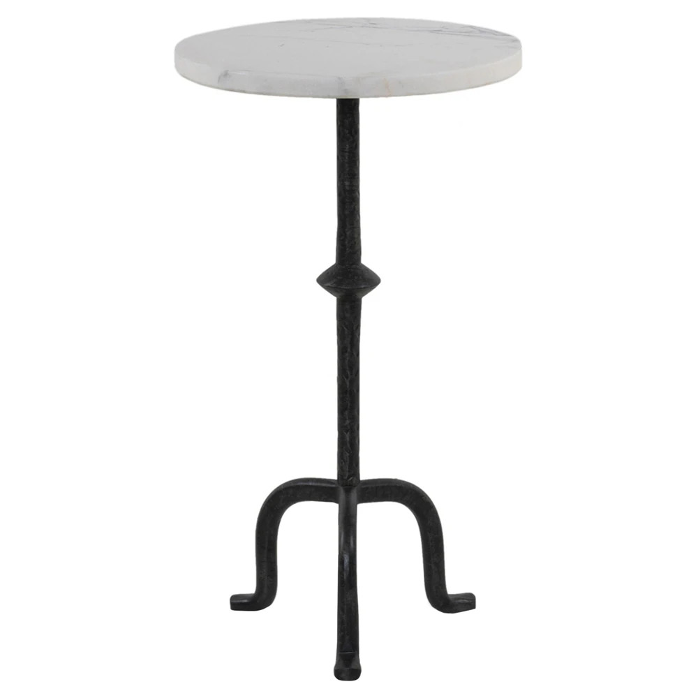 Leyla French Country Veined White Marble Black Iron Drink Table | Kathy Kuo Home