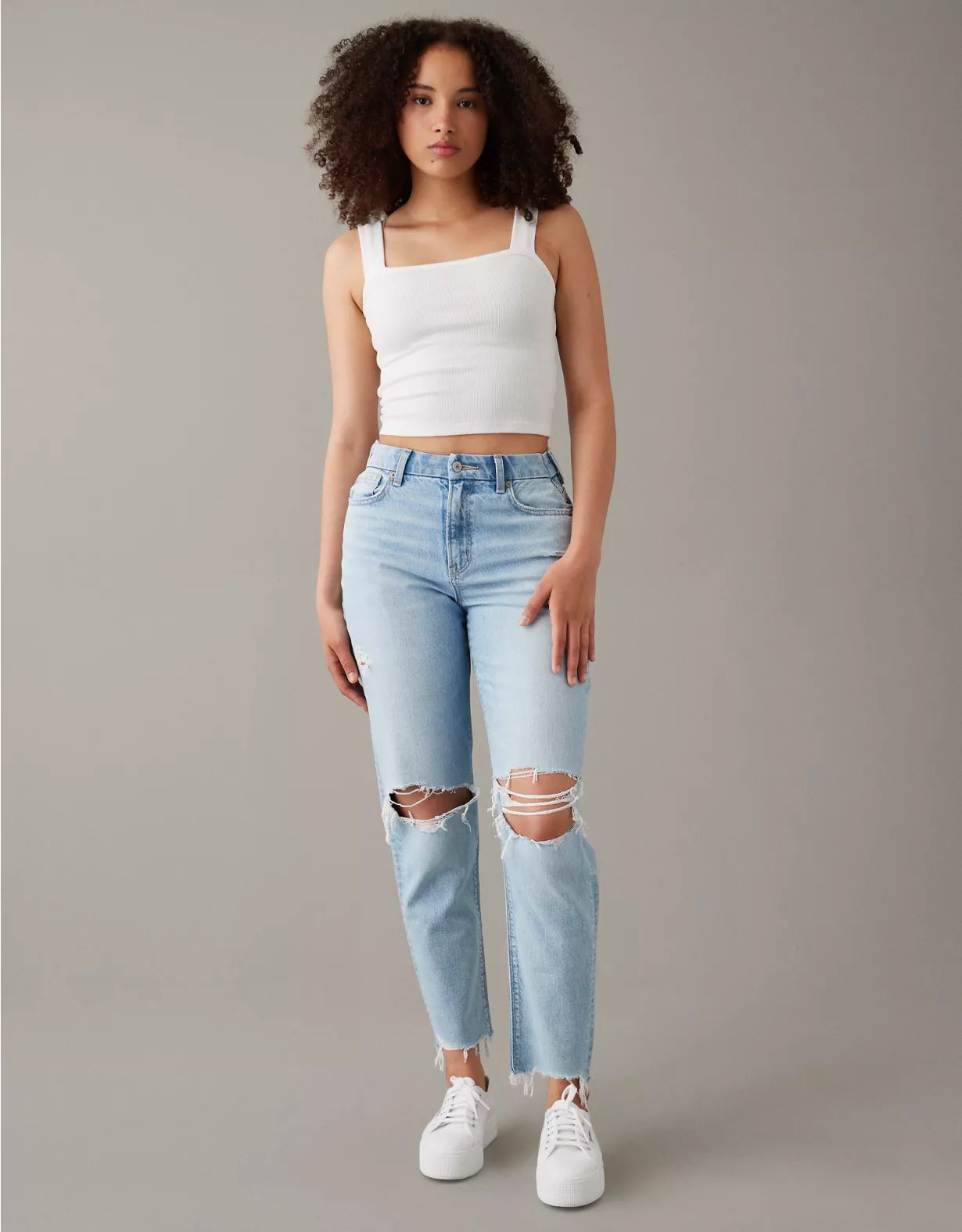 AE Strigid Curvy Ripped Mom Jean | American Eagle Outfitters (US & CA)