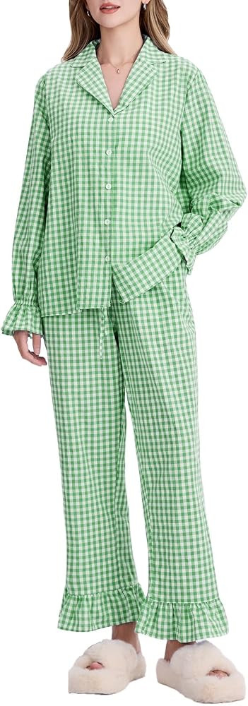 Flygo Womens Gingham Pajamas Sets Cotton Plaid Pjs Ruffled Sleeve Button Down Shirt Pants Y2k 2 P... | Amazon (US)