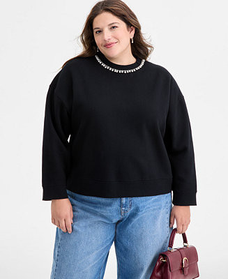 On 34th Trendy Plus Size Embellished-Neck Long-Sleeve Sweatshirt, Macy's Exclusive - Macy's | Macy's