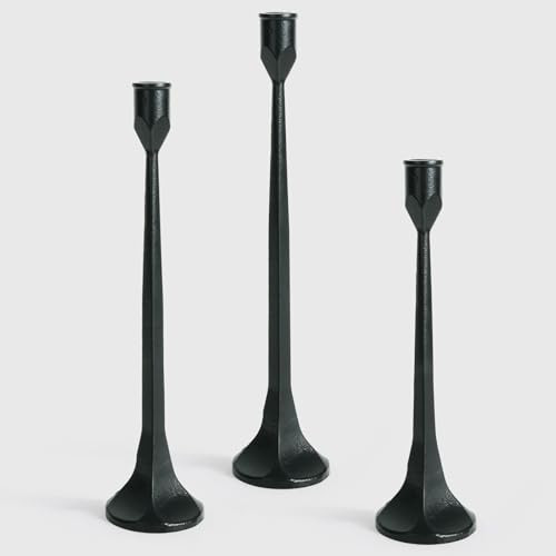CYNTHRAX Tall Black Cast Iron Candlestick Holders Set of 3, Wrought Iron Tall Taper Candle Holders, Candle Sticks Holders Decor for Home Decor, Mantle, Table, Wedding-11.8"+13.8"+15.4"(Black) | Amazon (US)
