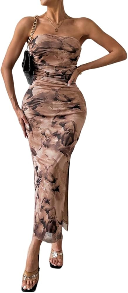 Women's Summer Dress Printed Strapless Tube Dress Bodycon Maxi Dress Side Slit Mesh Layered | Amazon (US)