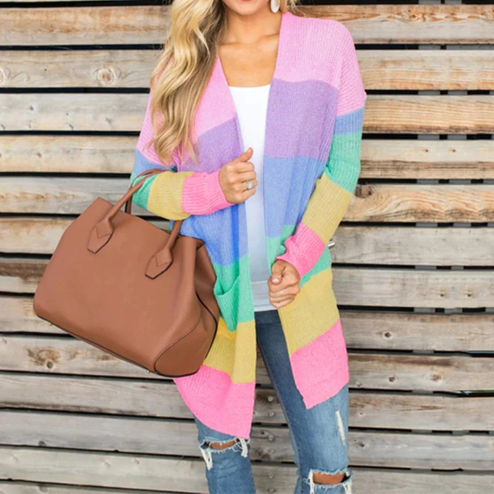 Nomeni Plus Size Womens Patchwork Long Sleeve Rainbow Stripe Cardigan Tops Sweater Coat | Walmart (US)