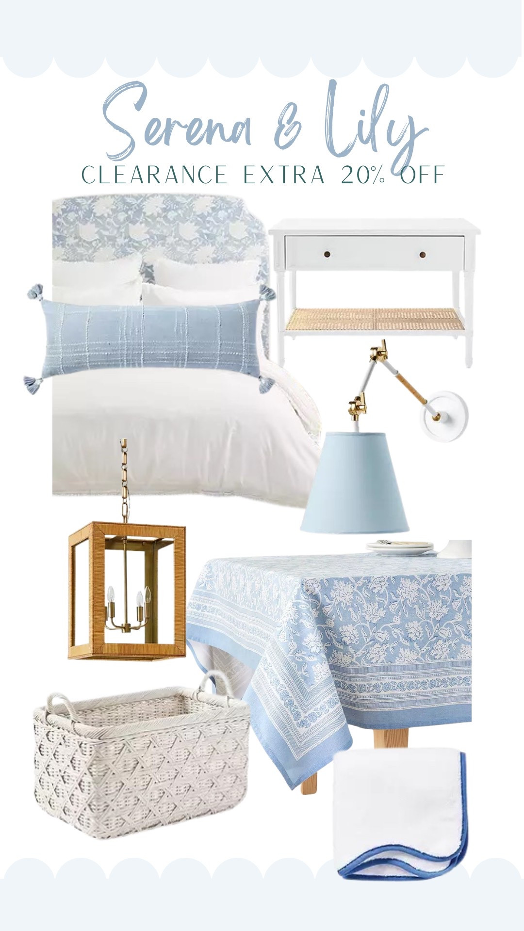 Serena and Lily clearance is now an extra 20% off! 

Classic coastal home, spring sale, home sale, bedding, lighting, sconce light, pendant light, tablecloth, nightstand, basket, blue and white. Blue and white decor, blue and white home, coastal home 

#LTKSpringSale #LTKHome #LTKSaleAlert
