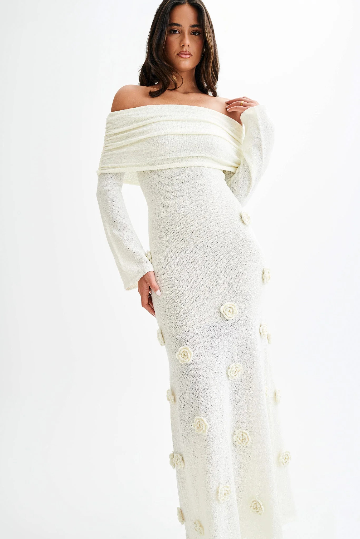Kiki Off Shoulder Knit Rose Maxi Dress - Ivory | MESHKI US