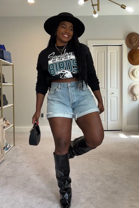 Eagles ready! I told you these boots are goodness. They run a little small so I went up half a size. 
Sweatshirt: Medium
Shorts: 30
Boots: 9.5
Hat: shopLivinFearless.com


#LTKbeauty #LTKstyletip #LTKmidsize