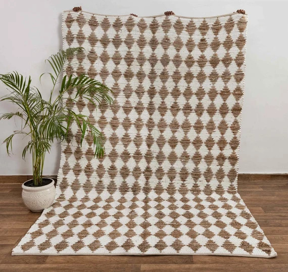 Jute Cotton Rug Hand Woven Diamond Pattern Boho Modern Style. - Etsy | Etsy (US)