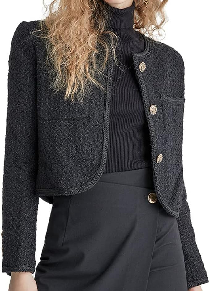 URBAN REVIVO Women's Long Sleeve Cropped Tweed Jacket with Pocket Elegant Slim Fit Work Office Bu... | Amazon (US)