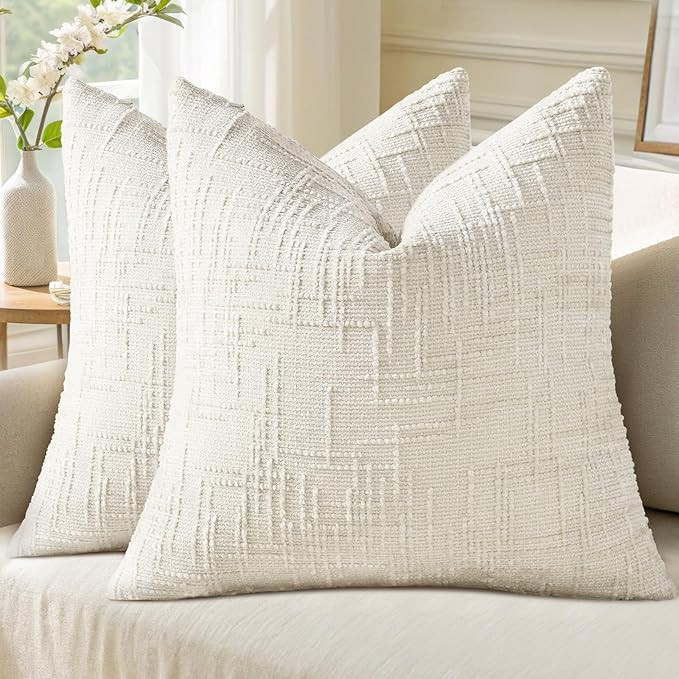 decorUhome Fall Cream White Chenille Throw Pillow Covers 18x18 Set of 2 Thick Textured Slubby Cou... | Amazon (US)