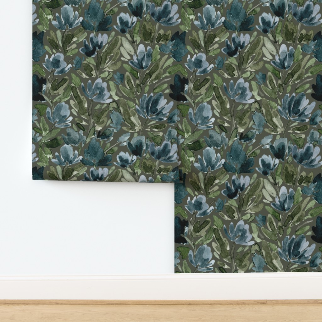Wallpaper in Jumbo - Midnight Blue Watercolour Tulip Vines - Olive Green | Spoonflower