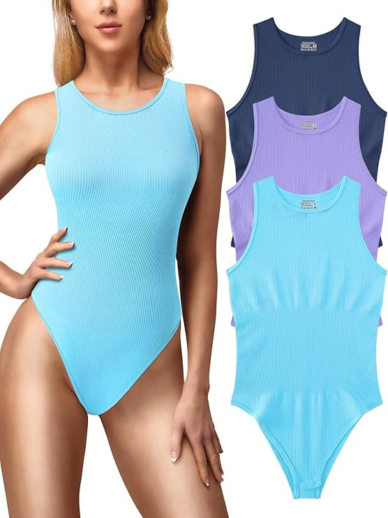Shapewear Bodysuits for Women 3 Pcs Halter Neck Sleeveless Racerback Ribbed Knit | Amazon (US)