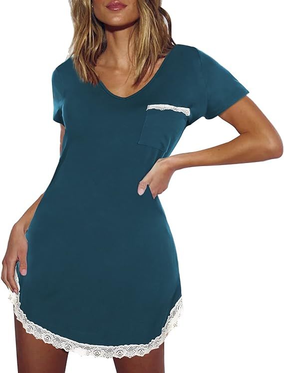 Ekouaer Nightgowns for Women Sexy Sleepshirts V Neck Short Sleeve Sleepwear Lace Trim Soft Short ... | Amazon (US)