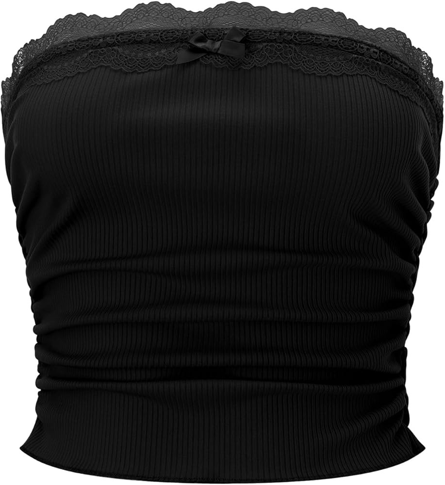 Women Lace Trim Tube Top Strapless Ribbed Ruched Bandeau Y2k Summer Going Out Crop Tops | Amazon (US)