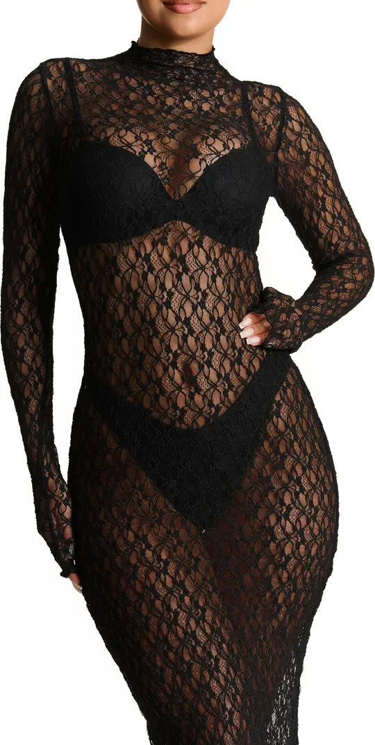 Mock Neck Long Sleeve Sheer Lace Maxi Dress | Nordstrom