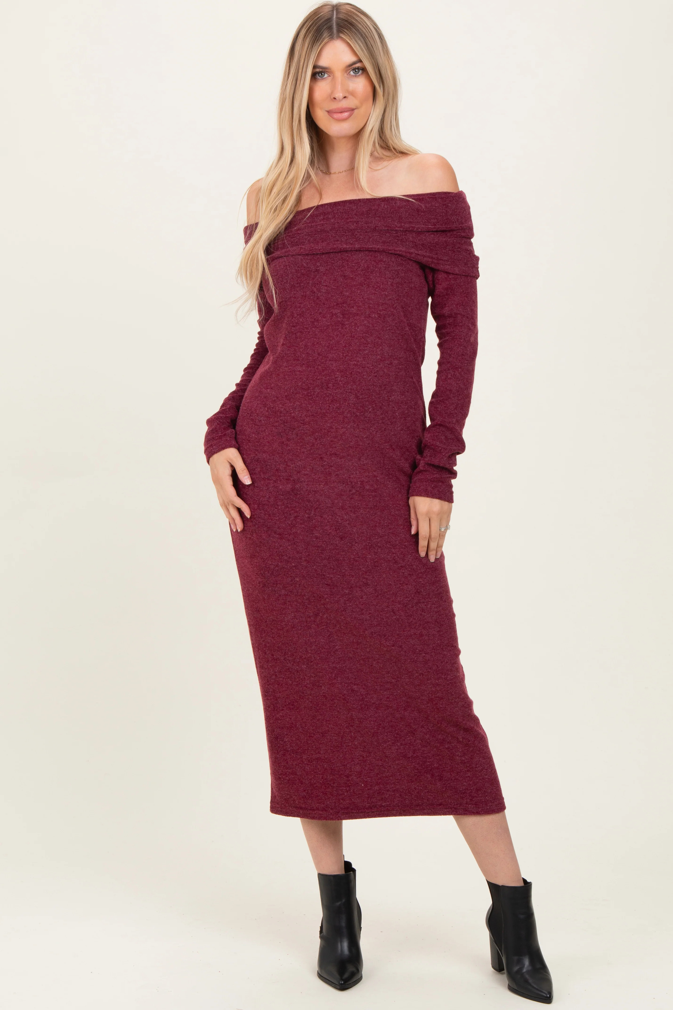 Burgundy Long Sleeve Off Shoulder Maxi Dress | PinkBlush Maternity
