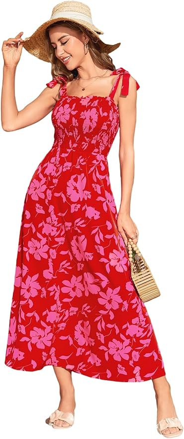 MakeMeChic Women's Summer Boho Dress Casual Floral Print Spaghetti Strap Square Neck Long Maxi Dr... | Amazon (US)