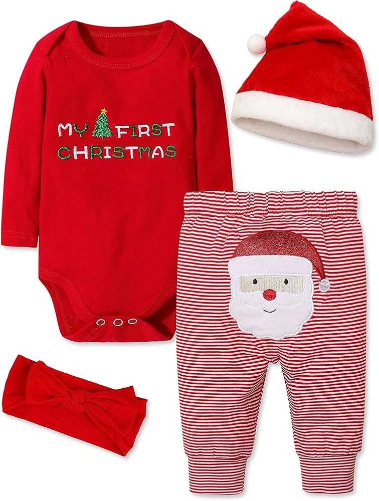 Baby Girl Boy Christmas Outfit My 1st Christmas Baby Boy Infant New Year 4 Pcs Set | Amazon (US)