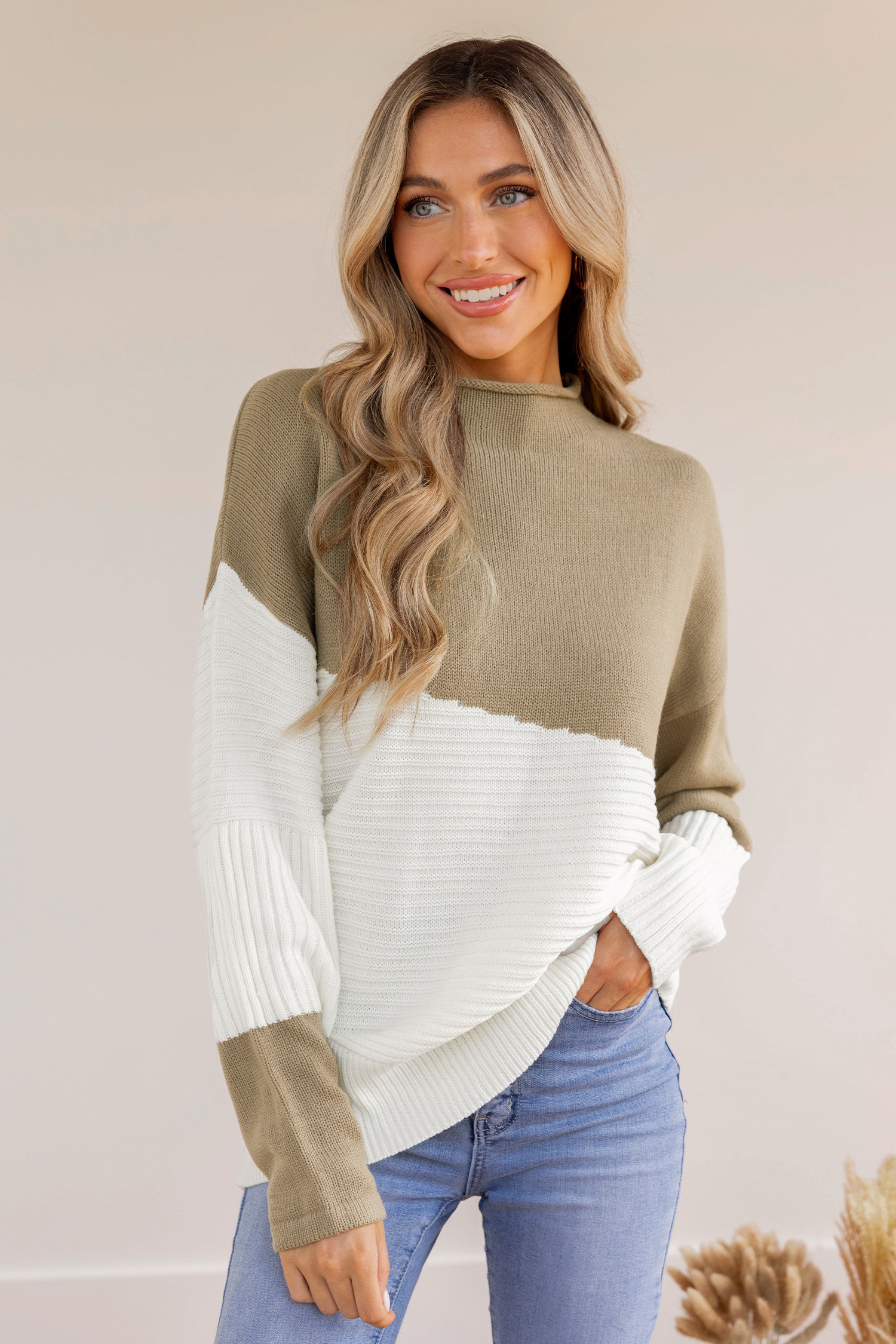 Ribbed Colorblock Mock Neck SweaterHOT | Cupshe US