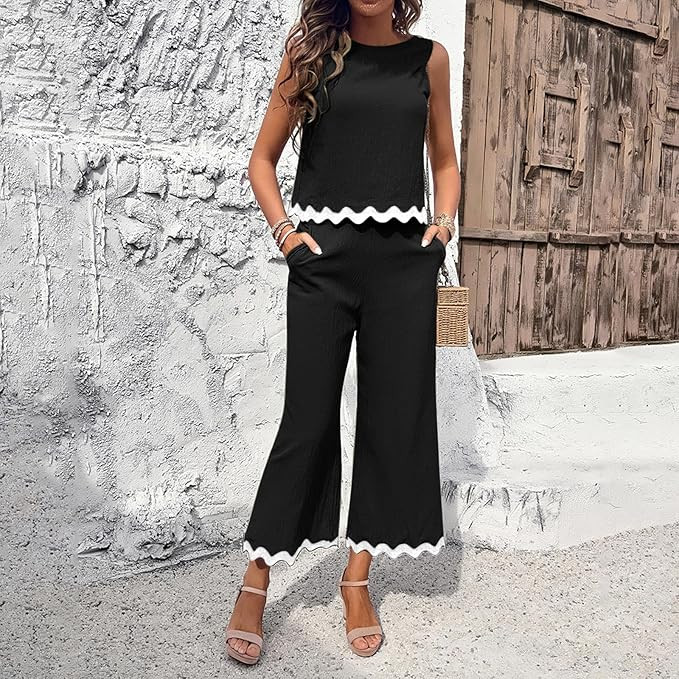 JOAU Womens 2024 Summer 2 Piece Vacation Beach Outfits Sleeveless Cropped Tank Tops and High Wais... | Amazon (US)