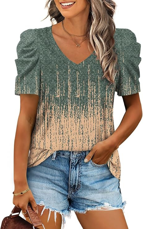 XIEERDUO Womens Summer Shirt V Neck Casual Tshirts Puff Sleeve Tops for Women Solid Color XS-3XL | Amazon (US)