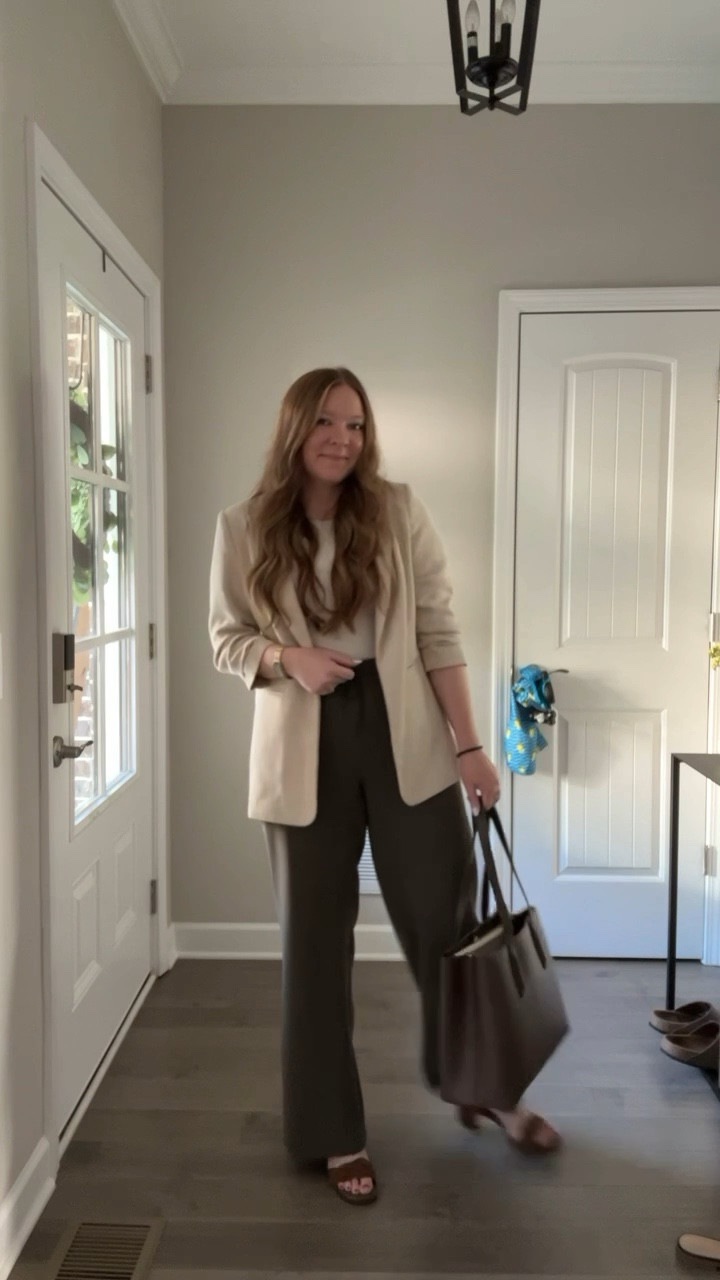 High neck bodysuit - linked similar 
Tan 3/4 sleeve blazer - tts wearing a medium 
Wide leg drawstring pants / tts wearing a medium 
Brown suede heels - tts 
Work bag

#LTKWorkwear #LTKShoeCrush #LTKFindsUnder100