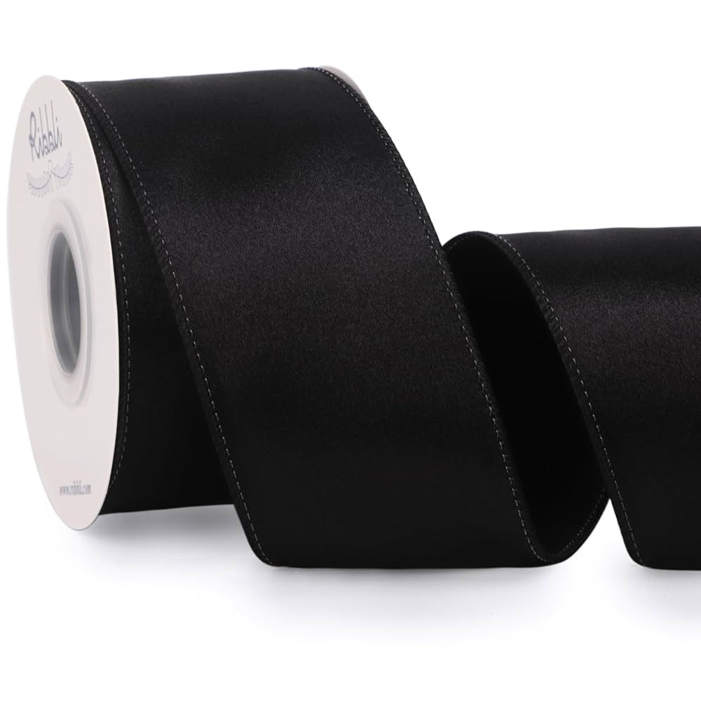 Ribbli Black Satin Wired Ribbon 2.5 Inch Black Christmas Ribbon for Gift Wrapping Wreaths Garland... | Amazon (US)