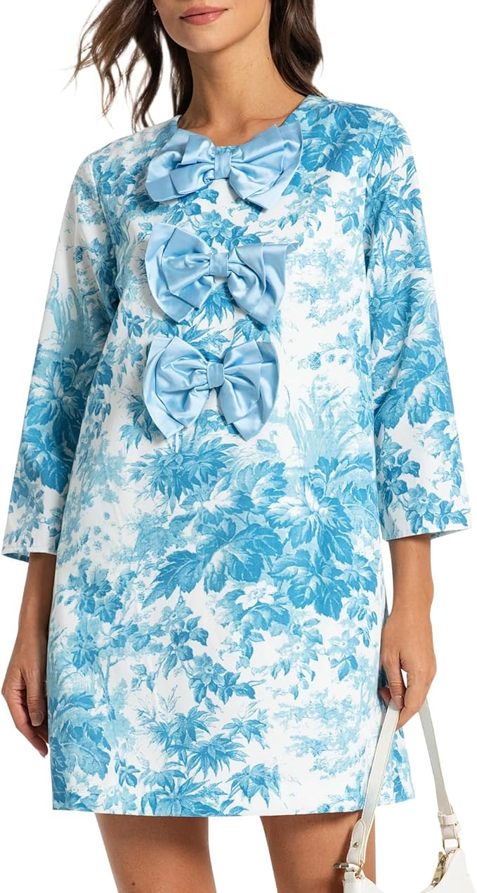 Kedera Women's Casual Mini Bow Dress Crew Neck 3/4 Long Sleeves Loose Dresses Swing Floral Shift ... | Amazon (US)