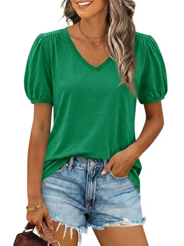 Cicy Bell Womens Puff Short Sleeve T-Shirts V Neck Summer Casual Pleated Tops Loose Fit Curved He... | Amazon (US)