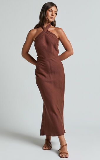 Maelynn Midi Dress - Linen Look Twist Halter Neck Low Back Slip Dress in Chocolate | Showpo (ANZ)
