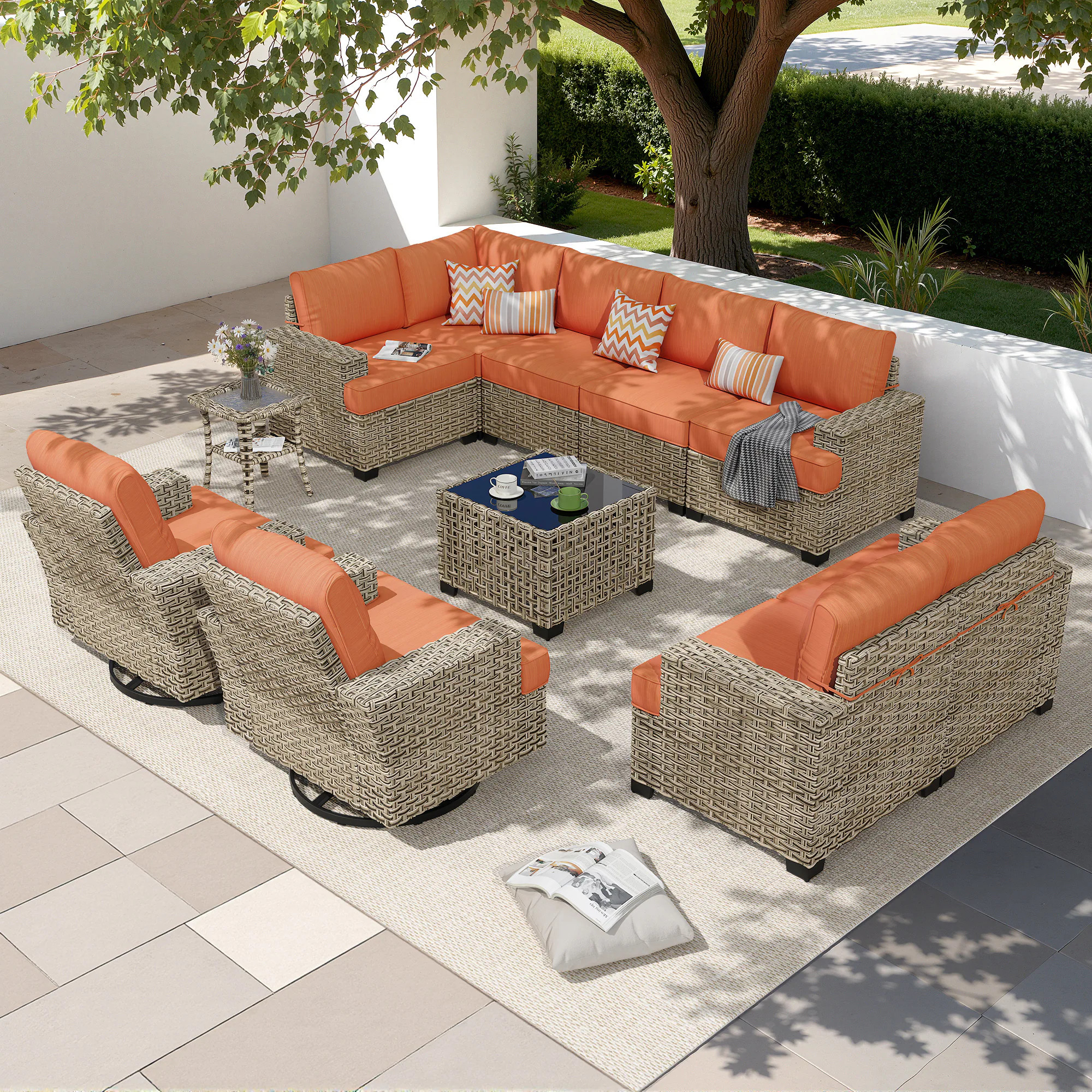 Pouuin Wicker Outdoor Sectional with Orange Cushions and Steel Frame Polyester one_size | CFP-STB809 | Lowe's