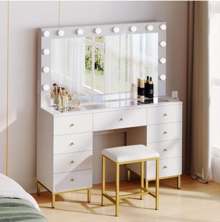 DWVO White Vanity Desk Set with Large Hollywood Bulbs Mirror & Power Outlet, Glass Top Vanity Makeup Mirror Desk with Adjustable 3 Color Lighting Modes & 9 Drawers, Makeup Vanity with Bench for Women