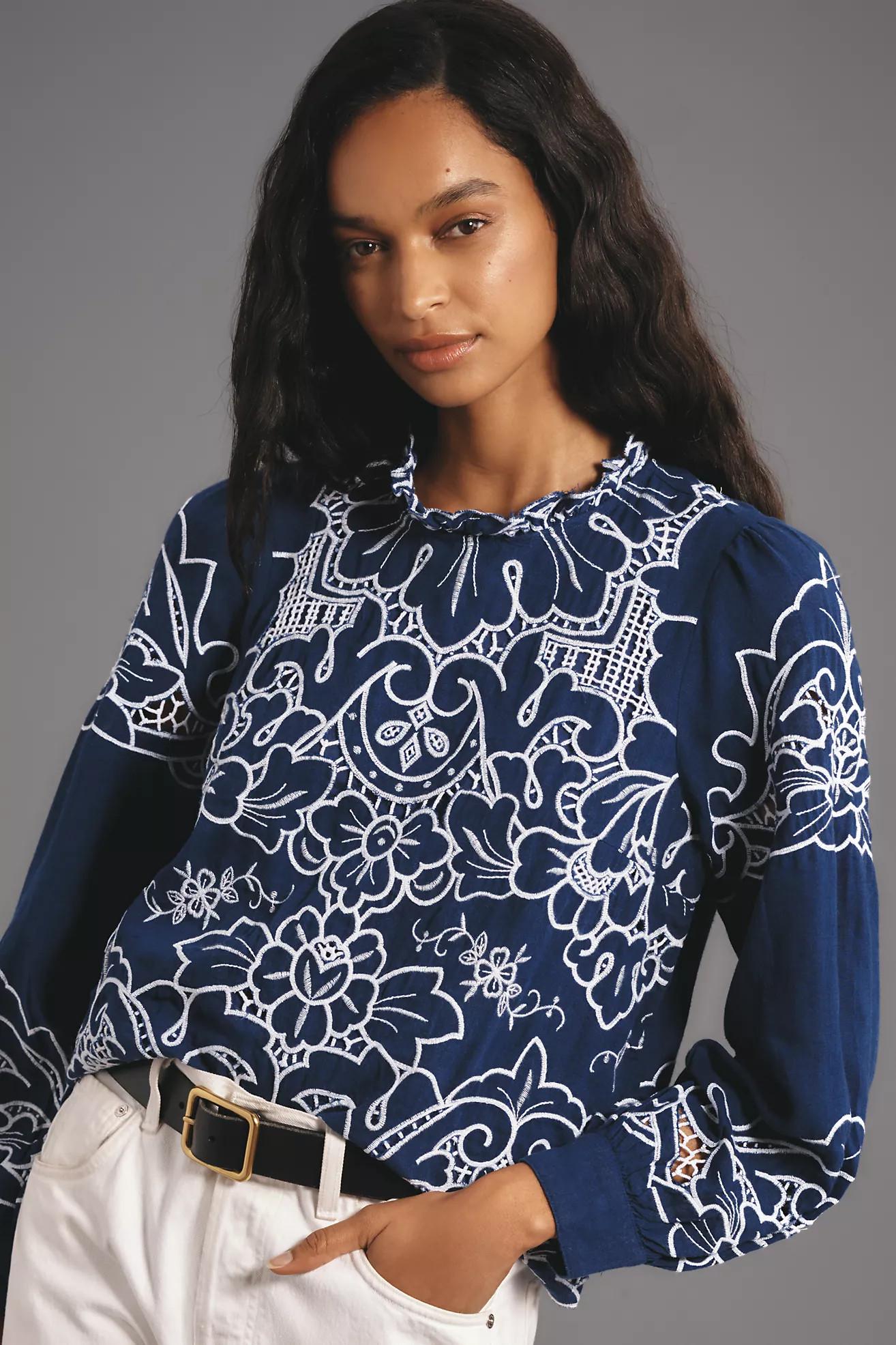 The Lainie Long-Sleeve Lace Cutwork Blouse | Anthropologie (US)