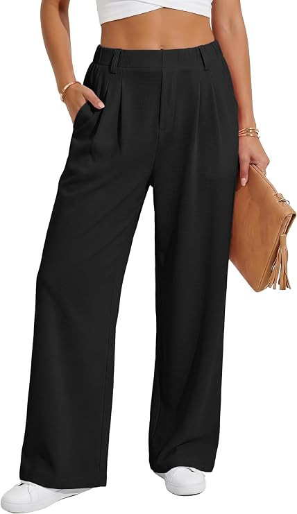IWOLLENCE Women Wide Leg Pants Waffle Stretchy Work Dress Pants Business Casual Outfits Slacks Tr... | Amazon (US)