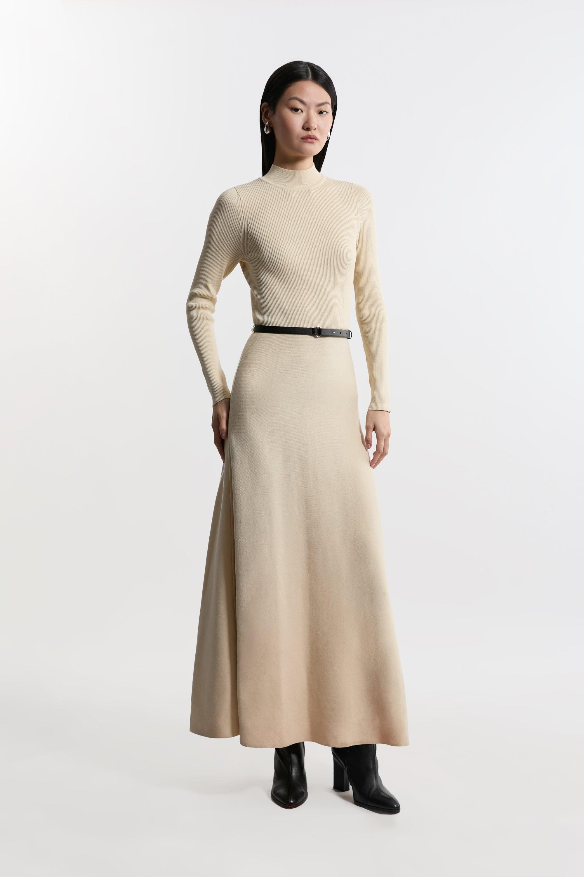 Viscose Blend Rib Knit Belted Midi Dress | Karen Millen | Karen Millen UK + IE + DE + NL