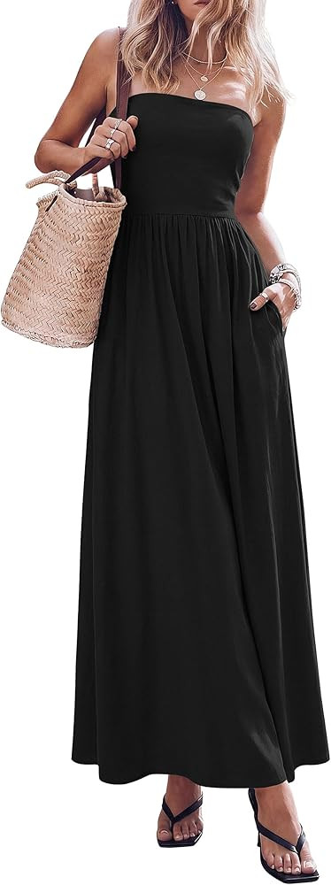 PRETTYGARDEN Women's 2026 Spring Strapless Maxi Dresses Patchwork Long Flowy Pockets Elegant Goin... | Amazon (US)