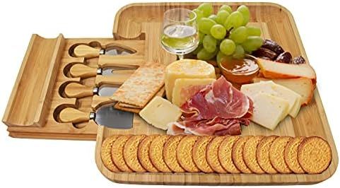 ROYAL HOUSE Unique Bamboo Cheese Board and Knife Set -Serving Tray for Crackers, Meat, and Wine -... | Amazon (US)