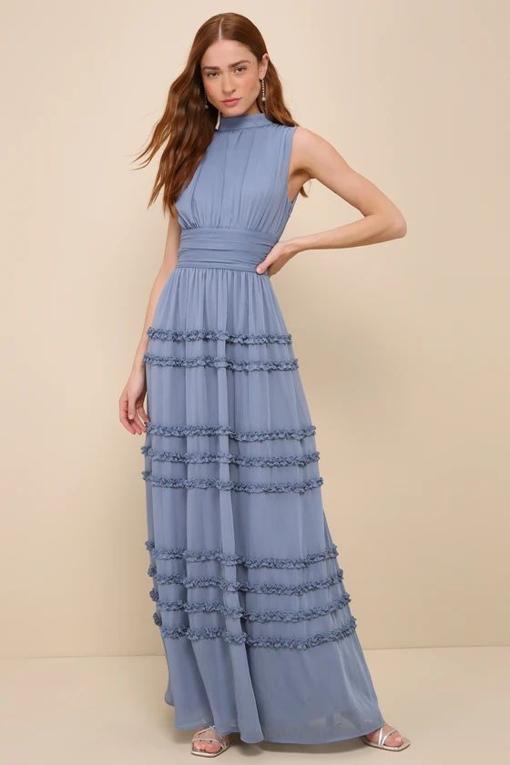 Enchantingly Sweet Slate Dusty Blue Chiffon Backless Maxi Dress | Lulus