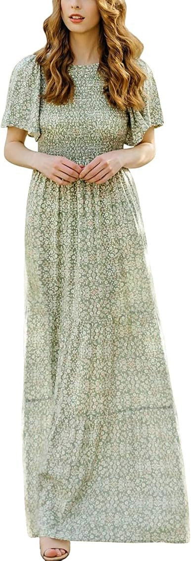 Kranda Women's Round Neck Short Flutter Sleeve Smocked Ruffle Floral Maxi Dress | Amazon (US)