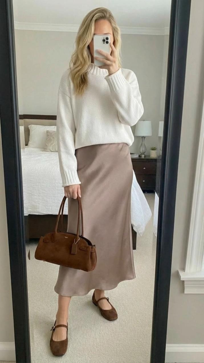 This outfit is quiet luxury meets everyday wearable, and it’s such a good reminder that *simple pieces done right* always win 🤍🤎

The cream knit sweater is soft, cozy, and effortlessly polished — the slightly relaxed fit gives it that “I didn’t try too hard” feel while still looking put together. Paired with a silky taupe/brown midi skirt, the whole look instantly feels elevated and feminine. The mix of textures here is everything: chunky knit on top, smooth satin below — it adds interest without needing bold colors or patterns.

The brown accessories pull it all together perfectly. The structured suede bag adds warmth and richness, while the brown flats keep the look practical and chic. This is one of those outfits that works for so many moments: lunch dates, casual office days, errands where you still want to feel cute, or even a relaxed holiday gathering. It’s comfortable, flattering, timeless, and very “capsule wardrobe approved.”

If you’re ever stuck wondering what to wear and want something easy but elevated, this exact formula never fails: neutral sweater + satin midi + brown accessories. Effortless. Classic. Chic.

**Keywords:** neutral outfit, cream sweater outfit, satin midi skirt, winter chic outfit, casual dressy look, neutral capsule wardrobe, everyday elegance, minimal style, soft girl aesthetic, timeless winter outfit


#LTKSeasonal #LTKgrwm #LTKOver40