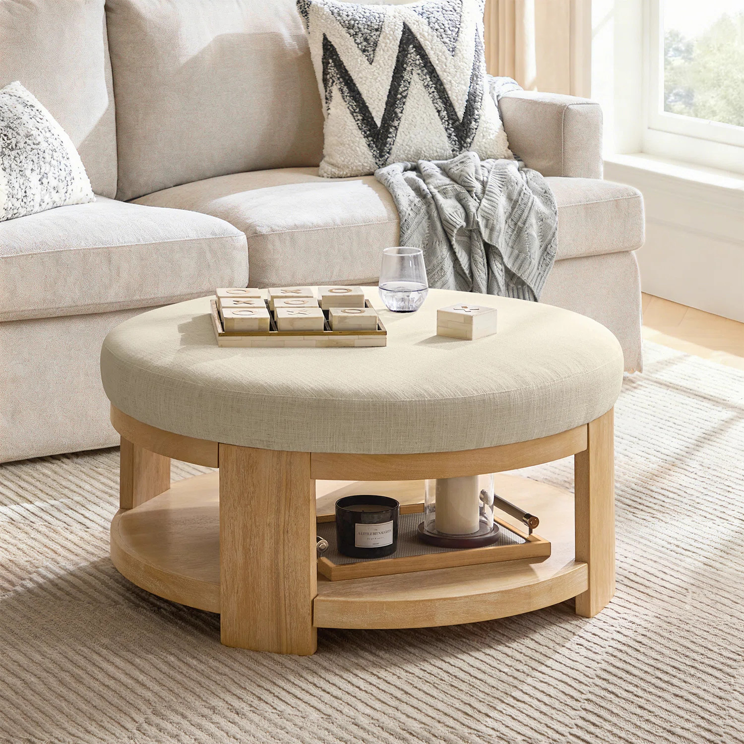 Latitude Run® Kat Modern 40" Round Linen Cocktail Ottoman with Solid Wood Legs & Reviews | Wayfair | Wayfair North America