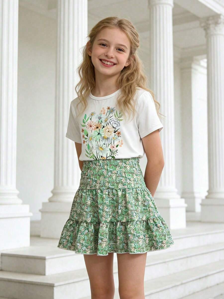 Spring/Summer Girls' Casual Vacation Style Round Neck Ditsy Floral Short Sleeve T-Shirt & Floral ... | SHEIN