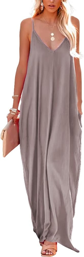 Poetsky Womens Casual Strappy V Neck Sleeveless Flowy Pockets Loose Long Maxi Beach Dress Sundres... | Amazon (US)