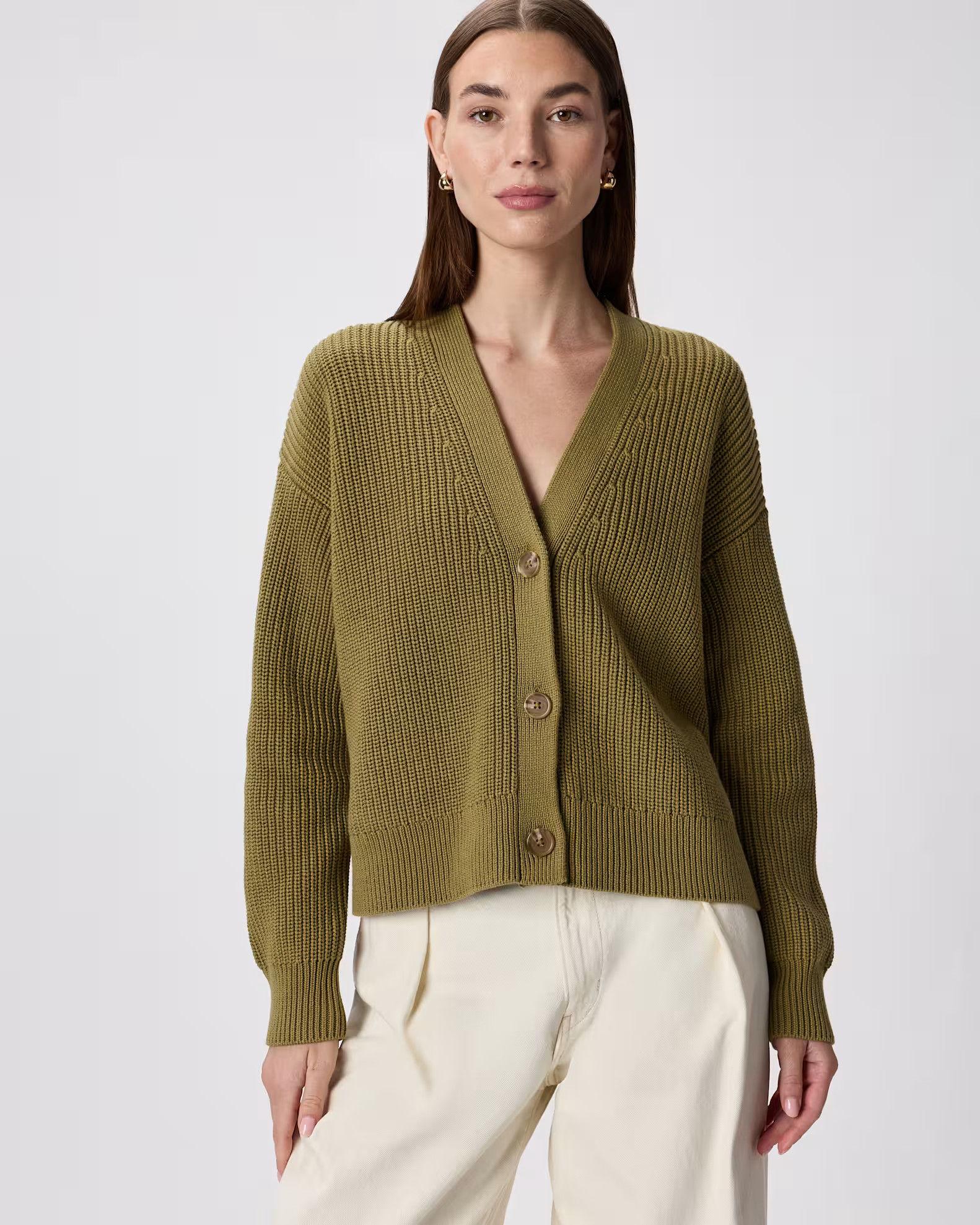 100% Organic Cotton Fisherman Boxy Cropped Cardigan in Herb Green | Quince