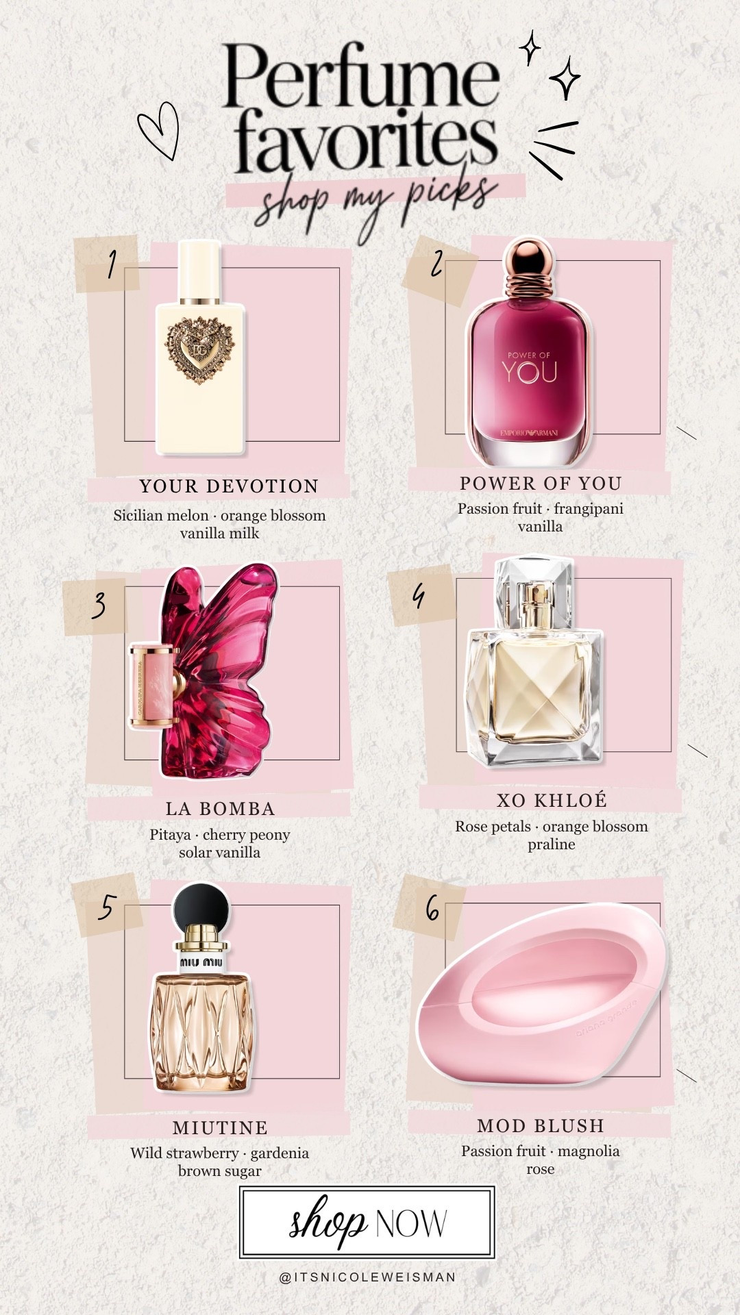 Current perfume rotation: a little creamy, a little fruity, and a lot of “what are you wearing?” ✨

From sweet strawberry to warm vanilla, these are the bottles I keep reaching for. Which one would you try first? Shop my picks through the link in my bio! 🤍

#PerfumeFavorites #PerfumeLover #FragranceFavorites #PerfumeFinds #FragranceTok #ScentOfTheDay #BeautyFavorites #PerfumeCollection #ShopMyFavorites #ItsNicoleWeisman

#LTKBeauty
